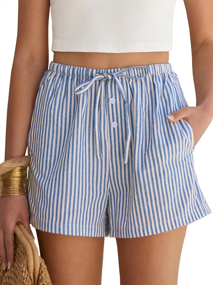 ANRABESS Women's Boxer Shorts Summer Gingham Striped Drawstring Pajama Lounge Shorts With Pockets... | Amazon (US)