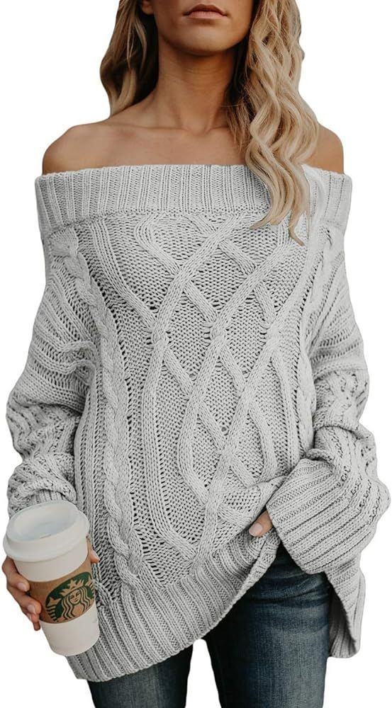 Astylish Women's Sexy Long Sleeve Off Shoulder Loose Cable Knit Pullover Sweater | Amazon (US)