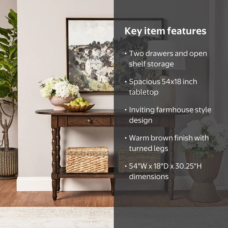 My Texas House Lewis 54 in Oval Console Table, Warm Brown, with 2 Storage Drawers | Walmart (US)