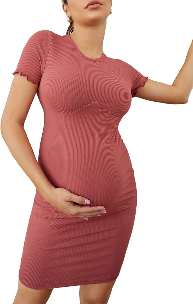 Romwe Women's Maternity Ribbed Knit Short Sleeve Round Neck Bodycon Short Dress | Amazon (US)
