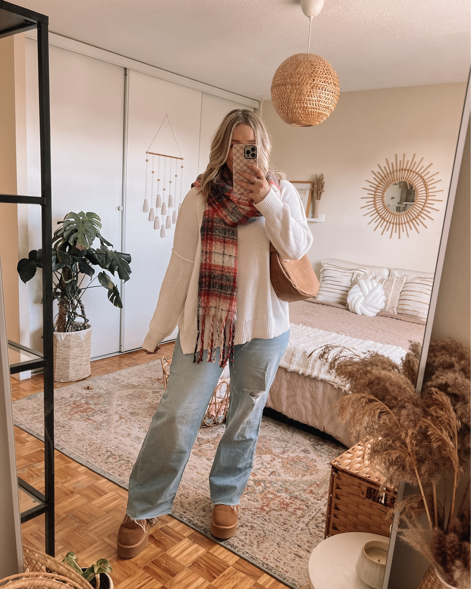 Casual holiday outfit - wearing M/L in the white sweater, also linked similar! Linked this year’s version of my baggy wide leg jeans, wearing 12. My red & green plaid scarf is so cute for adding a holiday touch to a basic outfit! Ugg ultra mini platform boots look for less are an Amazon find and so comfy! I’m usually a 9.5-10 in shoes and wear a 10 in these. Casual Christmas outfits, midsize winter outfits

#LTKmidsize #LTKwinter #LTKstyletip