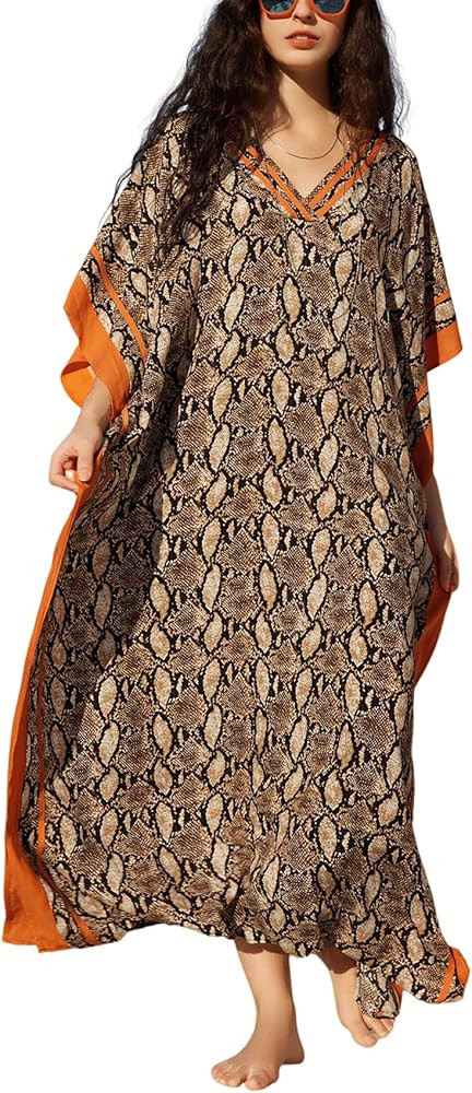 Kaftan Dresses for Women V-Neck Print Swimsuit Cover Up Plus Size Beach Caftan Lounge Dress | Amazon (US)