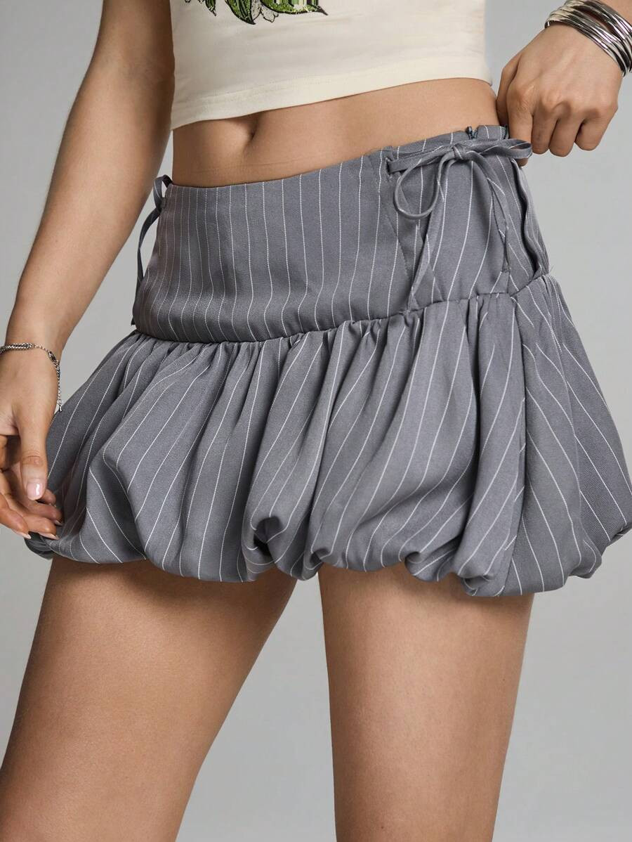 Easelle Grey Woven Women's Striped Short Bubble Hem Skirt | SHEIN