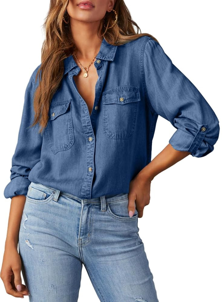 Astylish Women Button Down Denim Shirts Casual Long Sleeve V Neck Chambray Blouse Top | Amazon (US)