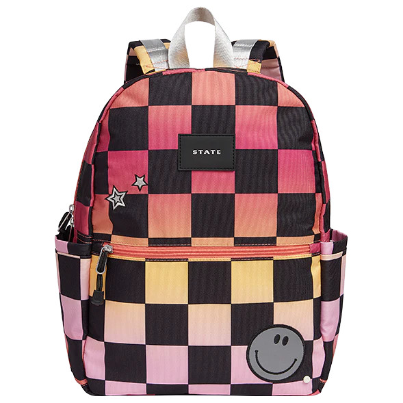 STATE Bags | Kane Kids Double Pocket Backpack Recycled Poly Canvas Pink Checkerboard | STATE Bags