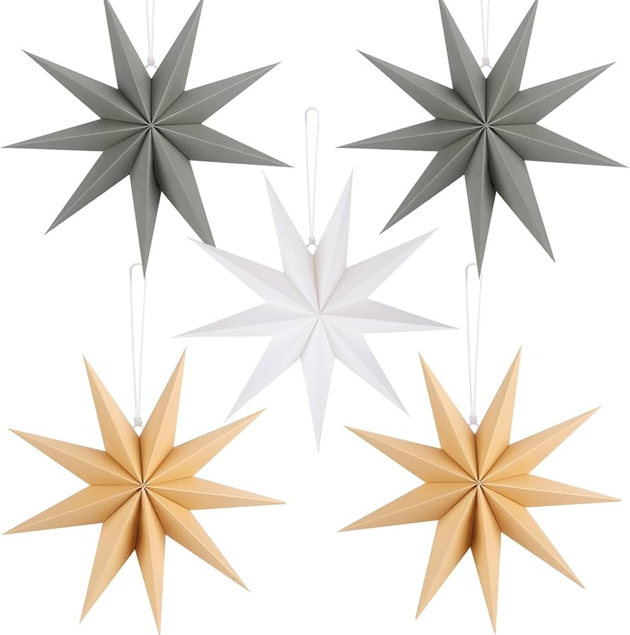 12 Inches 5 PCS Brown Grey White Paper Star Lanterns Hanging Stars Christmas Party Decorations Ha... | Amazon (US)