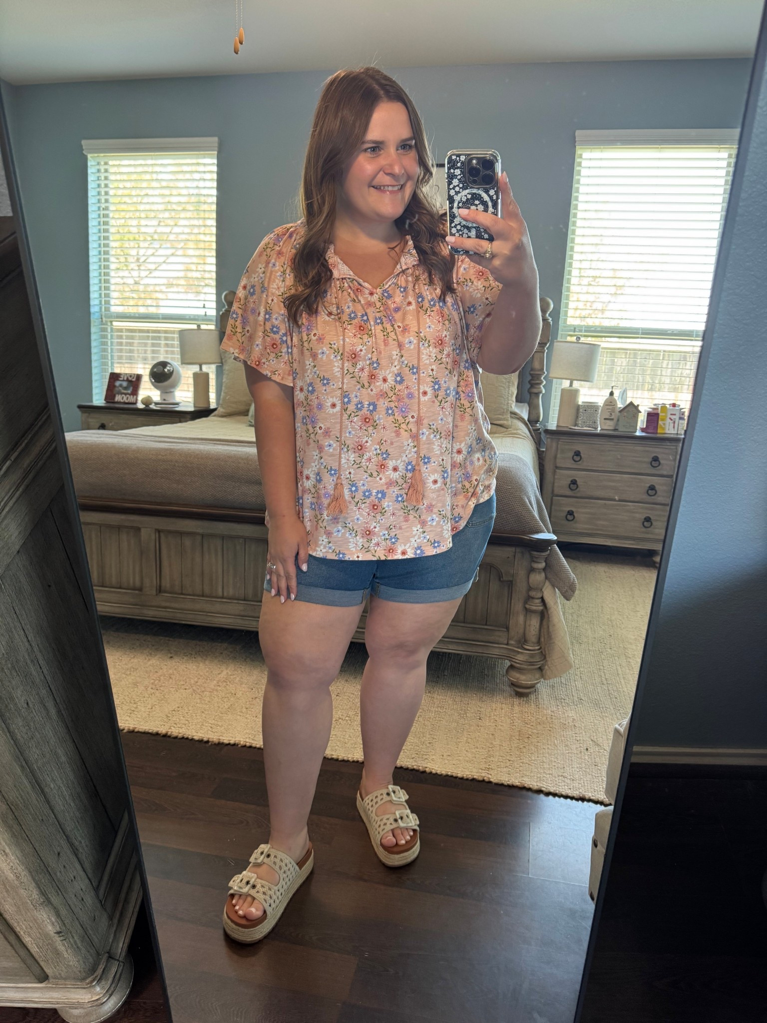 Bloom chic outfit🤩 Perfect for spring or summer. Wearing a 1X in this floral top and a size 16 in these stretchy shorts (they fit tts). Paired with Walmart sandals. So cute and comfy! 

#LTKMidsize #LTKootd #LTKPlusSize