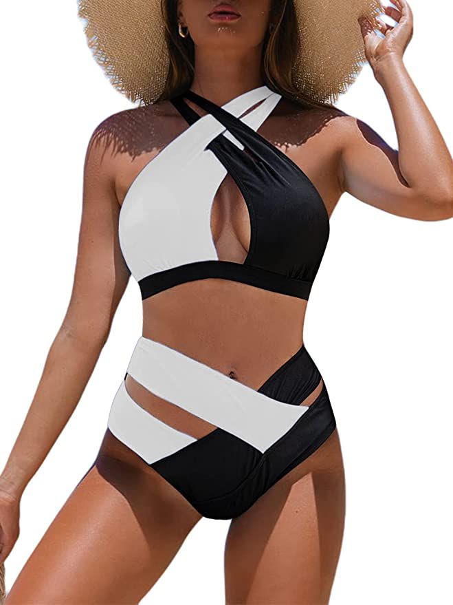 Amazon.com: Hilinker Women's Sexy Wrap Cross 2 Piece Swimsuit Cutout High Waisted Bikini Set Blac... | Amazon (US)