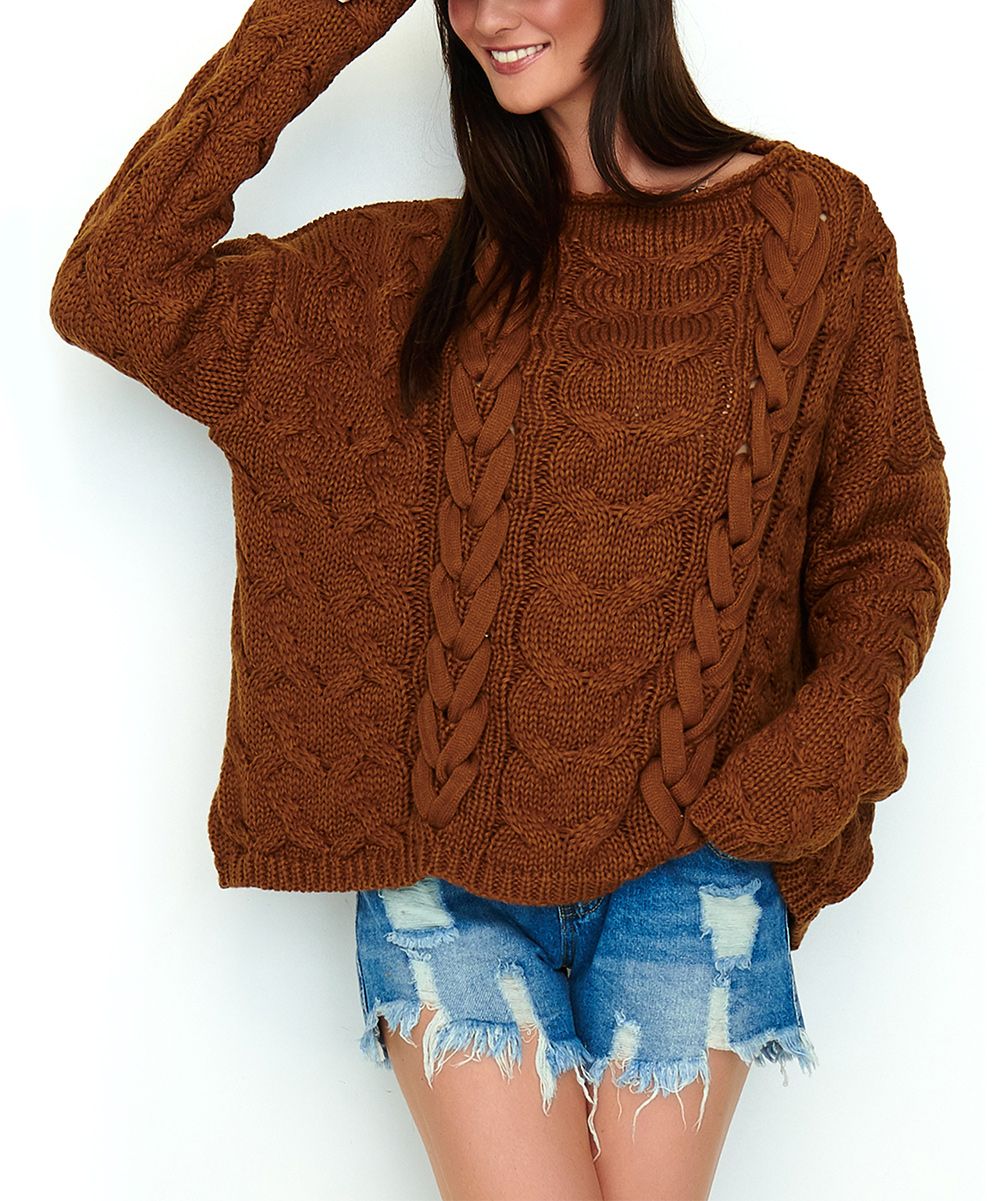 Brown Cable-Knit Oversize Sweater - Women | Zulily
