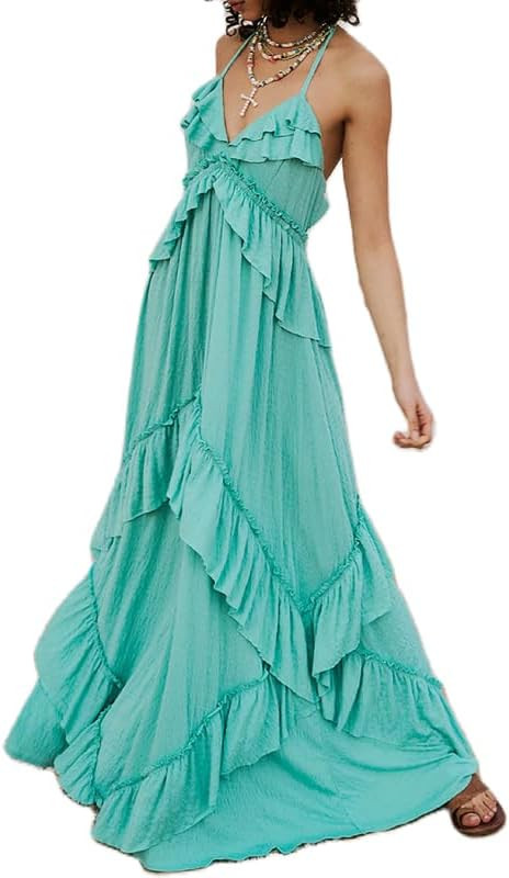 NUFIWI Sexy V Neck Backless Asymmetrical Ruffle Maxi Dress Halter Neck Sleeveless Long Dress Cuto... | Amazon (US)