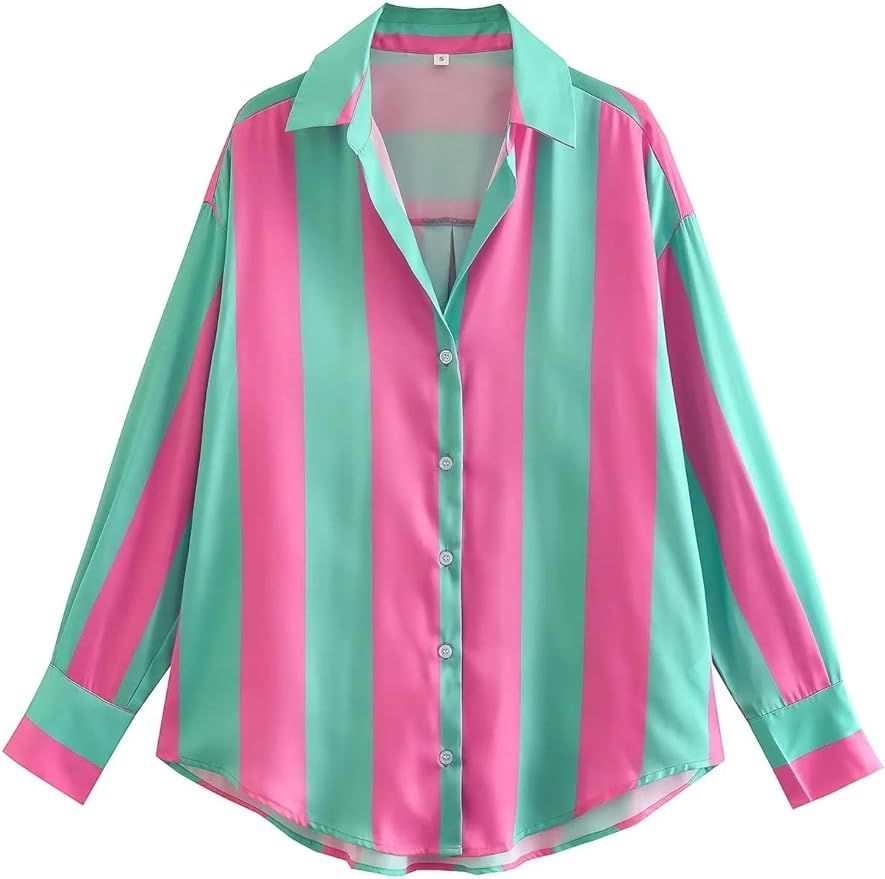 Satin Button Down Shirts for Women Long Sleeve Silky Pinstripe Casual Blouse Summer Top | Amazon (US)