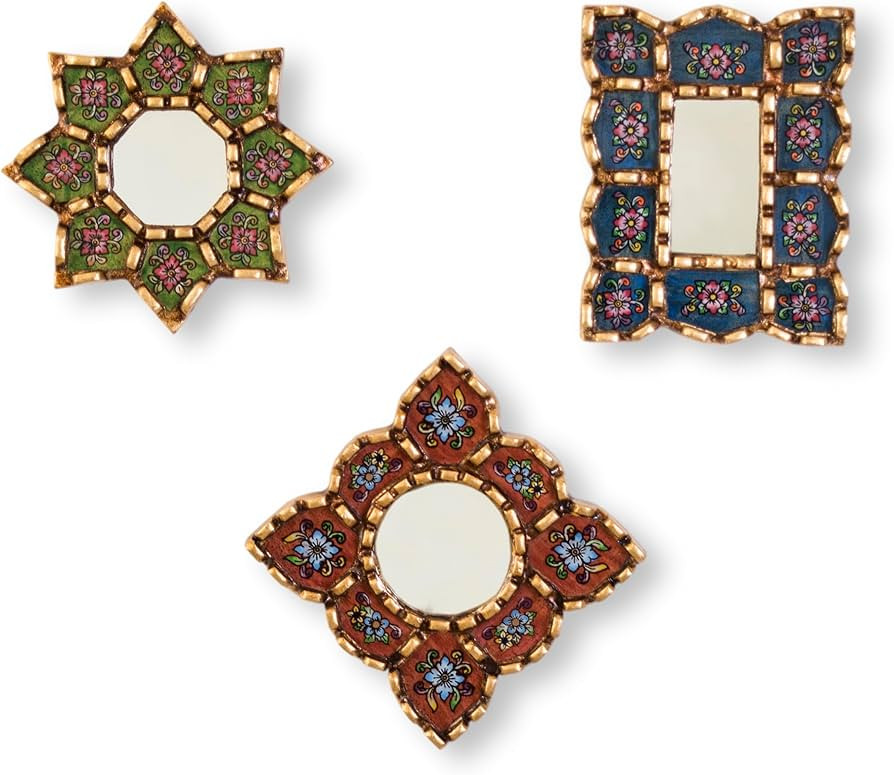 Peruvian Mirror Set of 3 – Handmade Painted Glass Mirror Wall Decor in Green, Red and Blue | Amazon (US)