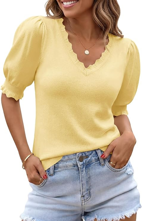 Saodimallsu Womens Puff Short Sleeve Sweater Tops V Neck Ruffle Trendy Casual Knit Pullover T Shi... | Amazon (US)