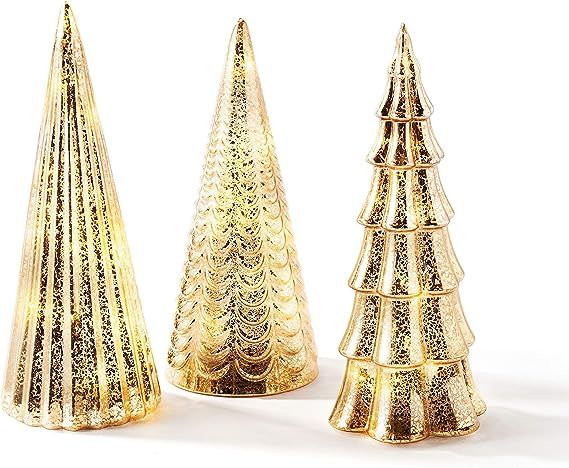 Christmas Tree Decoration with Fairy Lights - Set of 3 Assorted Trees, 10 Inch Tall, Champagne Go... | Amazon (US)