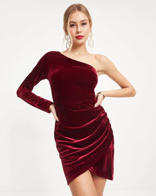 Spread The Cheer Velvet One Shoulder Mini Dress - Wine | VICI Collection