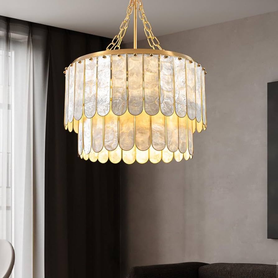 Weibath 5-Light Chandelier Shell 2 Tiered Faceted Pendant Light for Living Room Gold & White | Amazon (US)