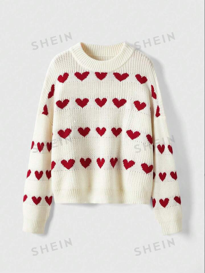 ROMWE Kawaii Heart Pattern Drop Shoulder Sweater | SHEIN