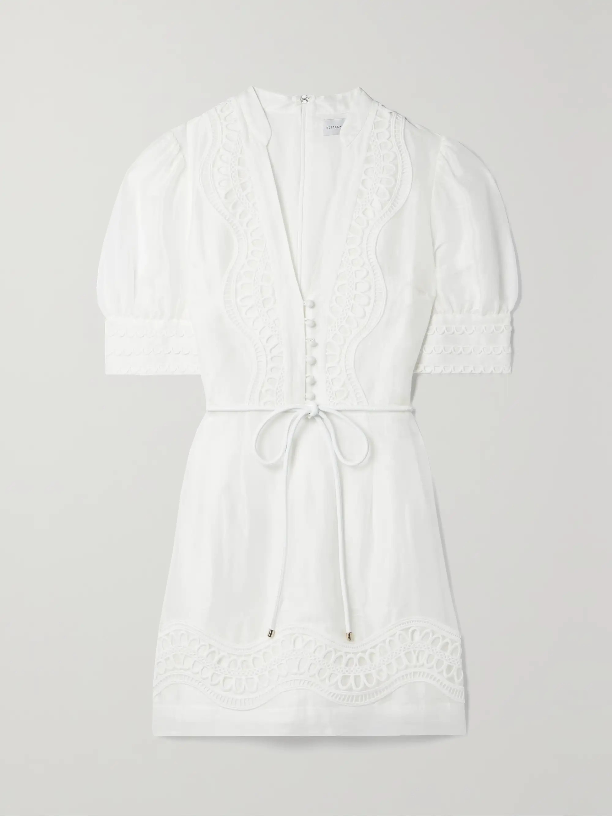 Julieta belted guipure lace-trimmed linen and silk-blend mini dress | NET-A-PORTER (US)