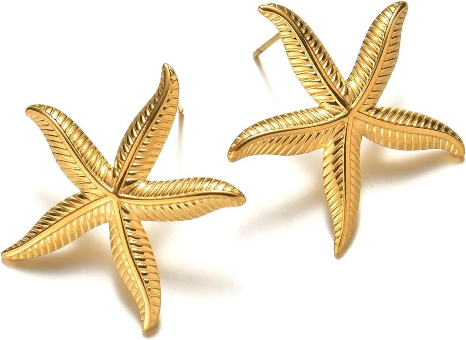 Starfish Earrings for Women,18k Gold Plated Sea Star Stud Earrings Beach Chic Women Gift Ocean Je... | Amazon (US)