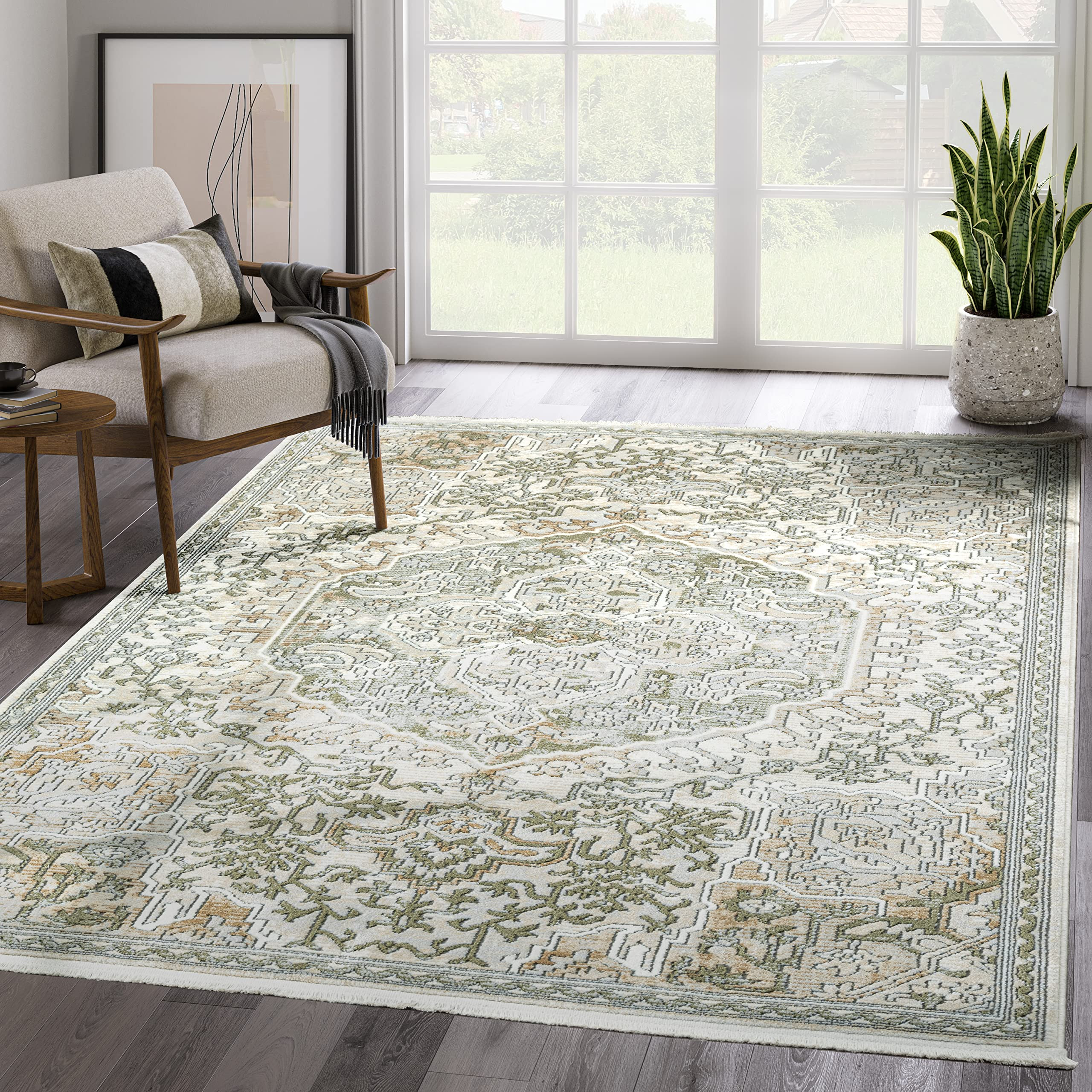 Abani Savoy Collection Area Rug - Beige/Green Vintage Design - 7'9" x 10'2" - Easy to Clean - Dur... | Amazon (US)