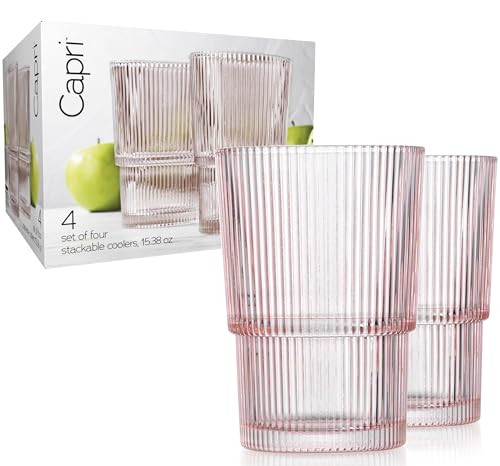 Glaver's Ribbed Drinking Glasses Set of 4. Pink Ribbed Drink Glasses 15.38 oz Vintage Glass Cups, Stackable Highball Glasses Origami Style Iced Coffee Cups. Water Glasses for Beverages. Blush | Amazon (US)
