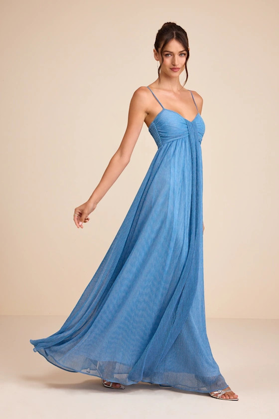 Irina Blue Lurex Plisse Sleeveless Maxi Dress | blue wedding guest dress blue | Lulus