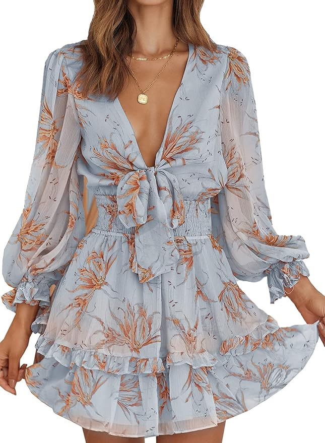 Dokotoo Womens 2022 Spring Deep V Neck Knotted Tiered Chiffon Elegant Mini Short Swing Skater Dre... | Amazon (US)