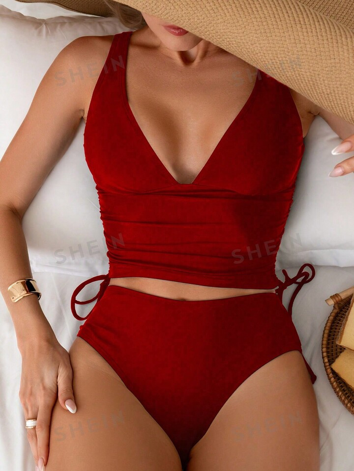 SHEIN Swim Summer Beach Women Fashionable Drawstring Ruched Design Camisole Tankini | SHEIN