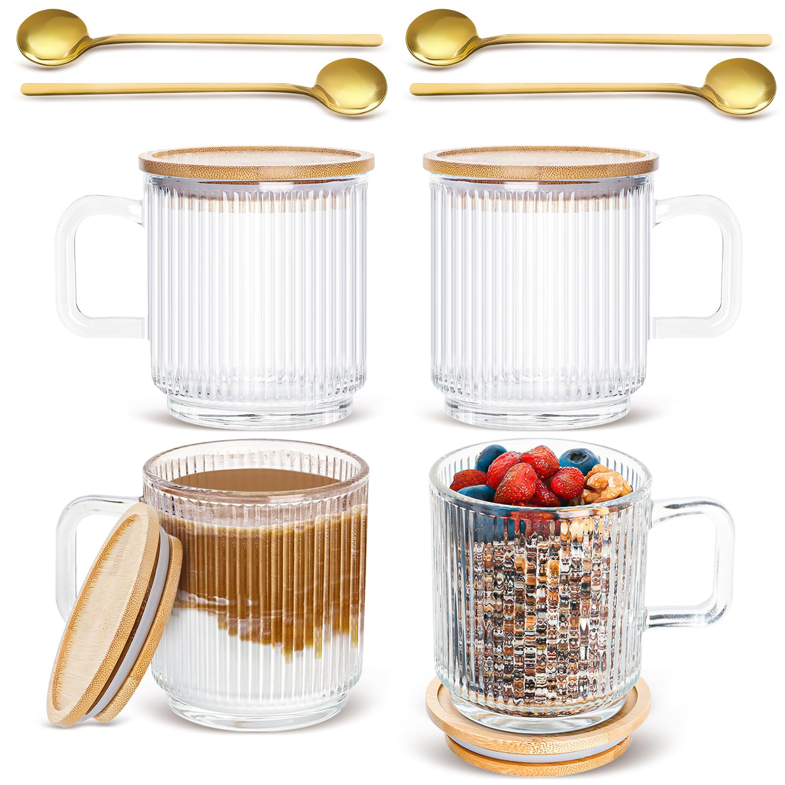 Set of 4 Glass Coffee Mugs with Bamboo Lids and Spoons, 12oz Vintage Ribbed Glassware for Latte, ... | Amazon (US)