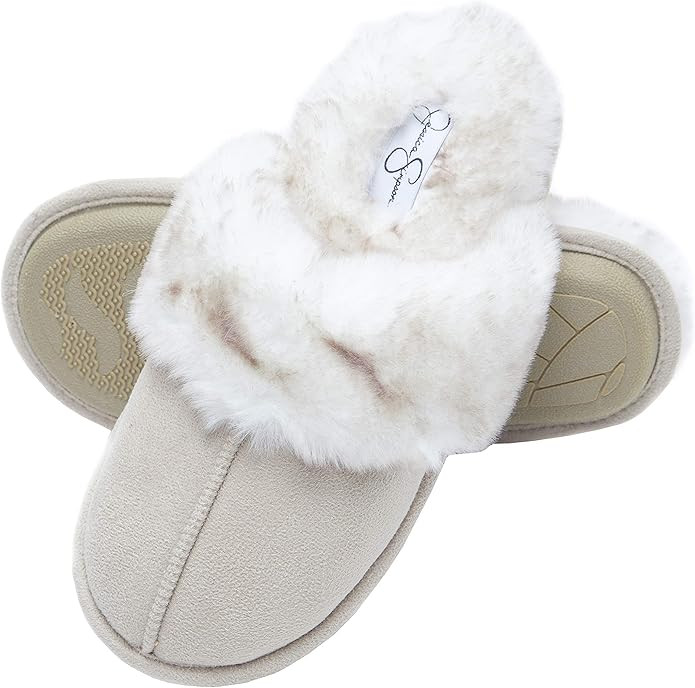 Jessica Simpson Comfy Faux Fur Womens House Slipper Scuff Memory Foam Slip On Anti-Skid Sole | Amazon (US)