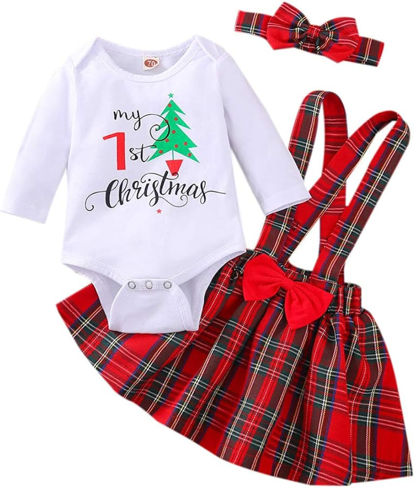Newborn Baby Girl Christmas Outfits My 1st Christmas Romper+Suspender Skirt +Headband Overall Clo... | Amazon (US)