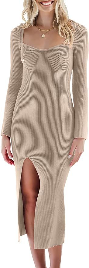 ANRABESS Women's 2023 Fall Bell Long Sleeve Sweetheart Neck Slim Fit Ribbed Knit Side Slit Bodyco... | Amazon (US)