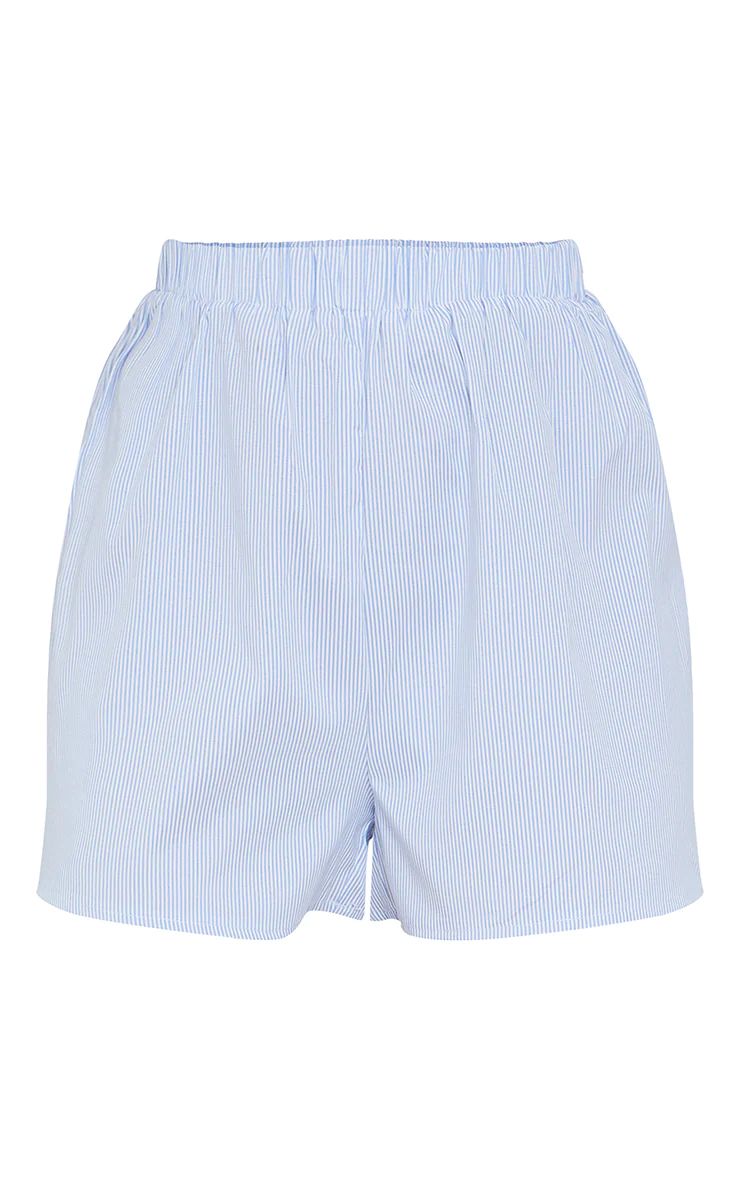 Light Blue Pinstripe Woven Elastic Waist Floaty Shorts | PrettyLittleThing UK