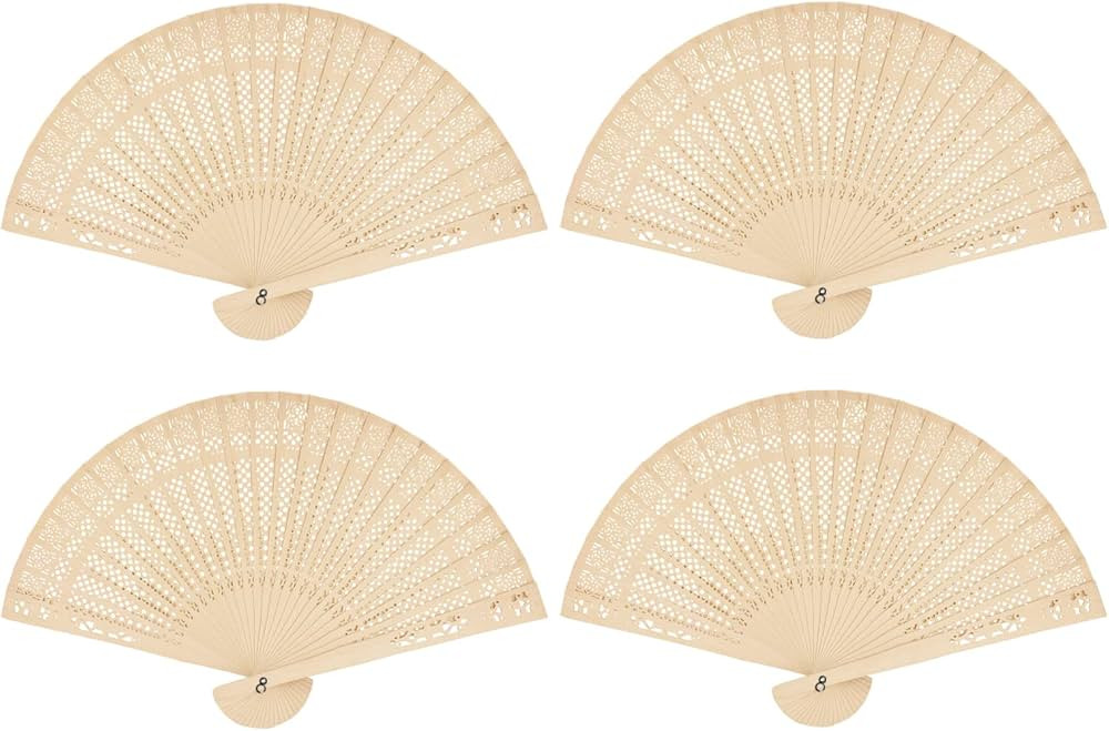 Wooden Folding Fans, 4 Pieces Classical Wood Handheld Fans, Round Hollow-Carved Wood Hand Fans wi... | Amazon (US)