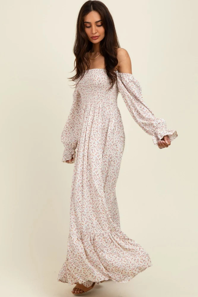Cream Floral Smocked Off Shoulder Maxi Dress | PinkBlush Maternity
