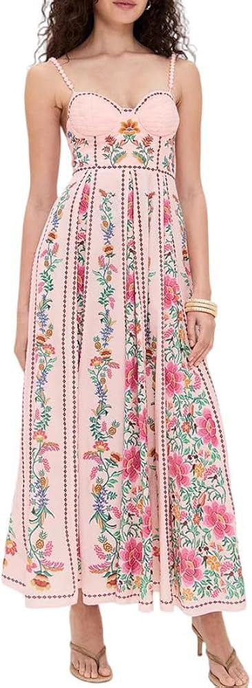 Women's Boho Print Dress Sleeveless Backless Halter High Waist A Line Beach Vacation Long Dress | Amazon (US)