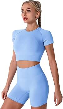 Women Seamless Yoga Outfits 2 Piece Workout Short Sleeve Crop Top with High Waisted Running Shorts S | Amazon (US)