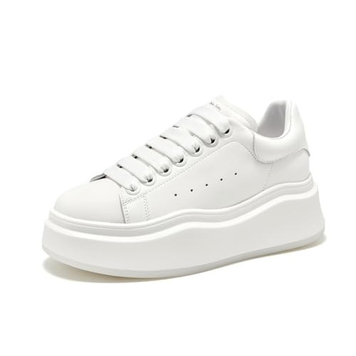 BEAU TODAY Platform White Sneakers for Women, Womens Leather Casual Tennis Shoes, Chunky Fashion Cute Comfortable Lace-up Slip-on Dress Sneakers White US 7.5 | Amazon (US)