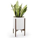 Mid Century Plant Stand with Pot with Drainage - Matte White Ceramic Planter with Stand Made of Waln | Amazon (US)