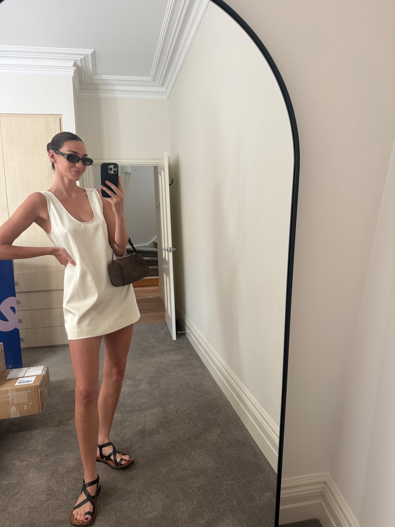 Chic casual outfit 

Mini dress in ivory 
Black leather sandals 
Black sunglasses 
Brown suede mini bag 

#LTKspring #LTKaustralia #LTKstyletip