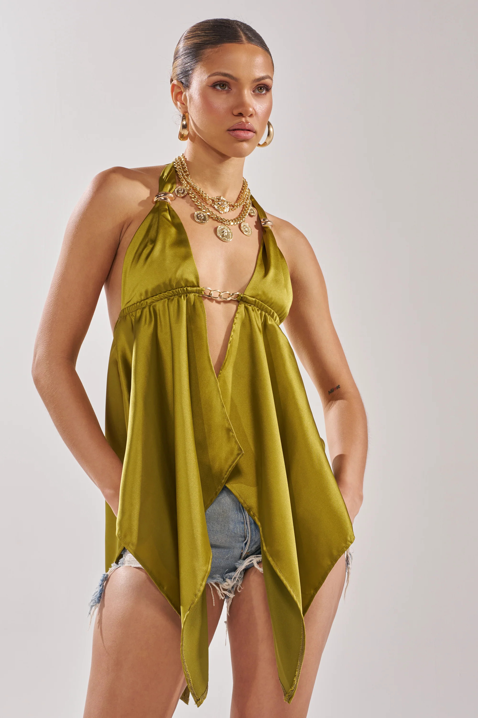 LOTS OF LOVE TO GIVE HALTER NECK BLOUSE IN CHARTREUSE | AKIRA