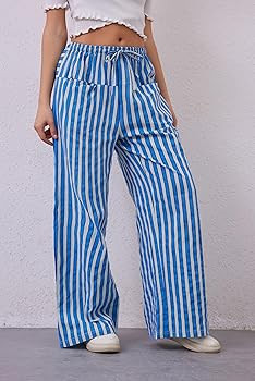 Women Drawstring Stripe Wide Leg Casual Trousers Striped Low Rise Casual Loose Lounge Pants with ... | Amazon (US)