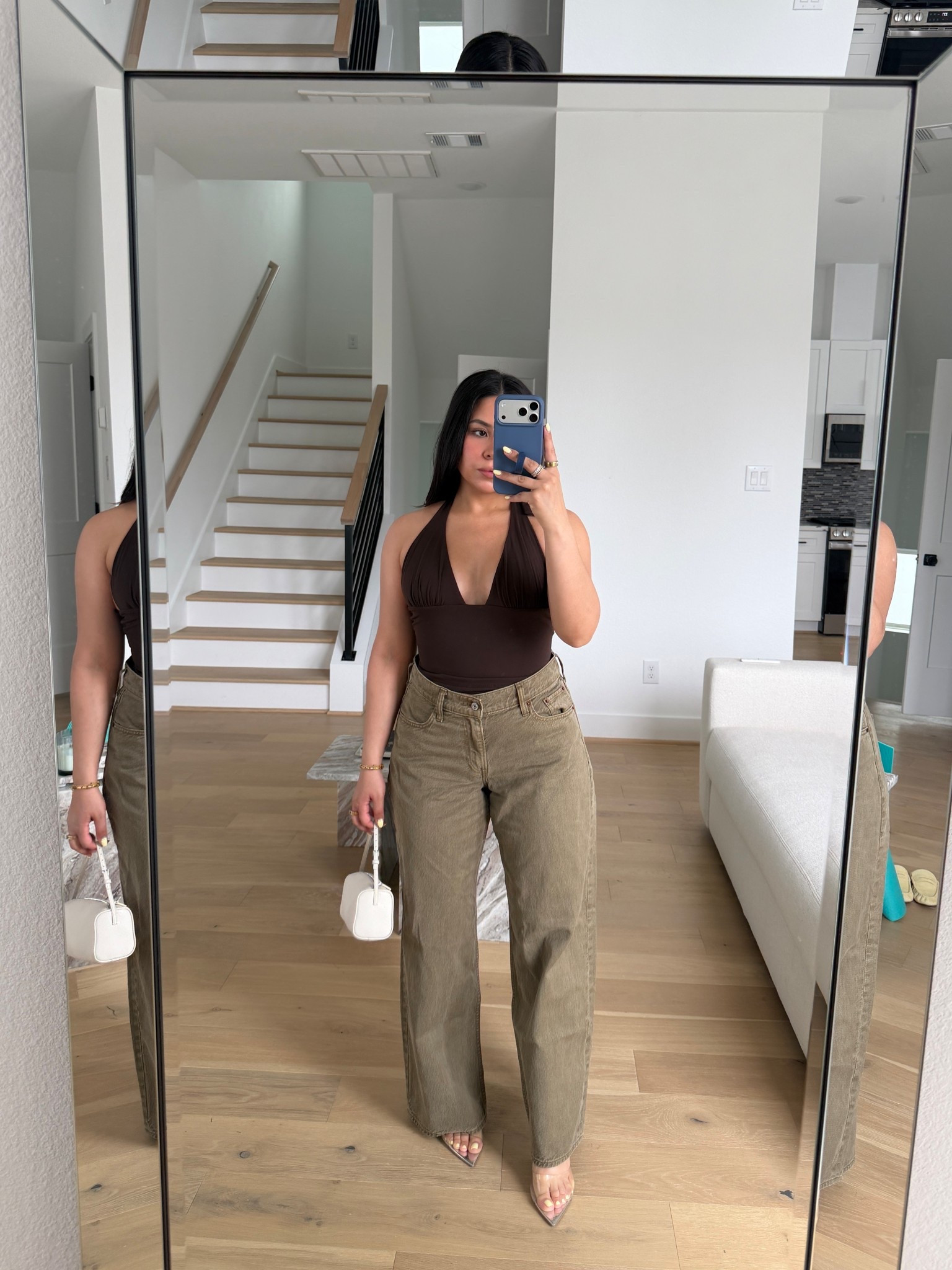 Halter top: small
Jeans: 26 short 
Heels: 7 
Mini white bag 

#LTKSeasonal #LTKgrwm #LTKootd