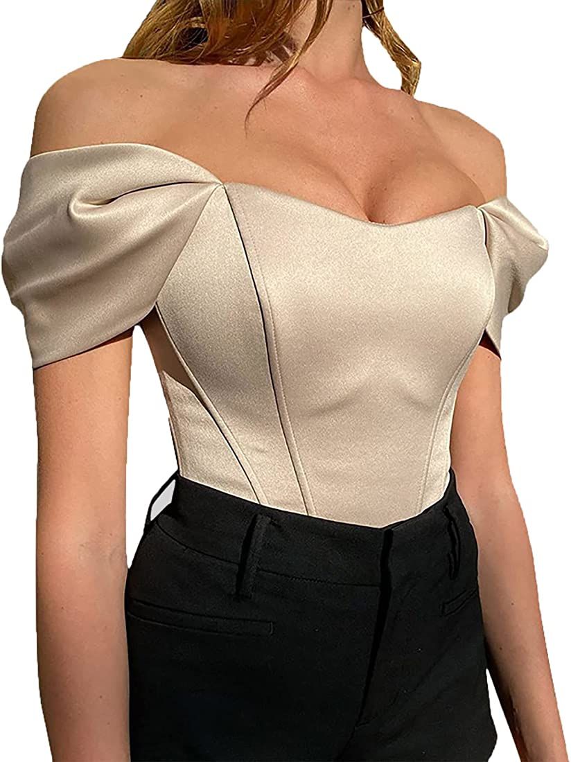 Womens Sexy Fishbone Line Off The Shoulder Tops Solid Slim Fit Satin Strapless Tube Top Blouse | Amazon (US)