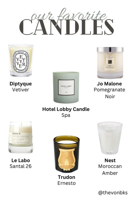 The nights are starting to get longer which means it is time to start burning those candles!

Here are our top 6 candles we love burning in our house.

🕯️ Diptyque - Vetiver: vetyvyr, juniper and cedar-wood

🕯️ Hotel Lobby Candle - Spa: eucalyptus, water mint, sage, jasmine, amber

🕯️ Jo Malone - Pomegranate Noir: pomegranate, Casablanca lily, guaiacwood 

🕯️ Le Labo- Santal 26: amber, cocoa, vanilla, cedar, spices, sandalwood

🕯️ Trudon - Ernesto: rum, grapefruit, bergamot, clove, labdanum, oakwood, patchouli, amber, leather, moss, tobacco

🕯️ Nest - Moroccan Amber: amber, sweet patchouli, heliotrope, bergamot and eucalyptus

Which one are you trying?!

#candles #trudon #nest #jomalone #hotellobbycandle #diptyque #lelabo

#LTKSeasonal #LTKhome #LTKunder100