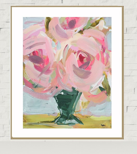 Modern Art PRINT, Roses, abstract, Floral, pink, gold, green, marendevineart | Etsy (US)