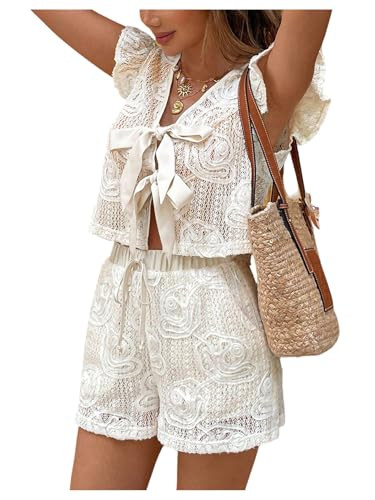 Amazon.com: SOLY HUX Women's Summer Vacation Short Set 2 Piece Outfit Tie Front Ruffle Crop Top a... | Amazon (US)