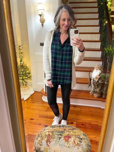 Cozy casual look for the holidays and beyond with a plaid blouse, cardigan, faux leather leggings and white leather sneakers.  #amazonfashion #walmartfashion #belk 

#LTKstyletip #LTKSeasonal #LTKHoliday