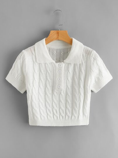 Polo Neck Cable Knit Top | SHEIN
