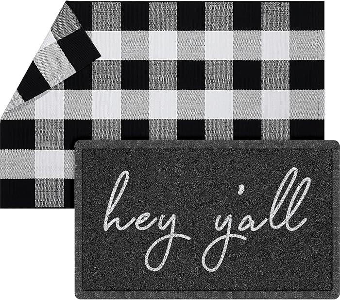 Geelin 2 Pcs Hey Y'all Welcome Mat 30'' x 18" and 43'' x 27.5'' Black White Buffalo Plaid Checker... | Amazon (US)